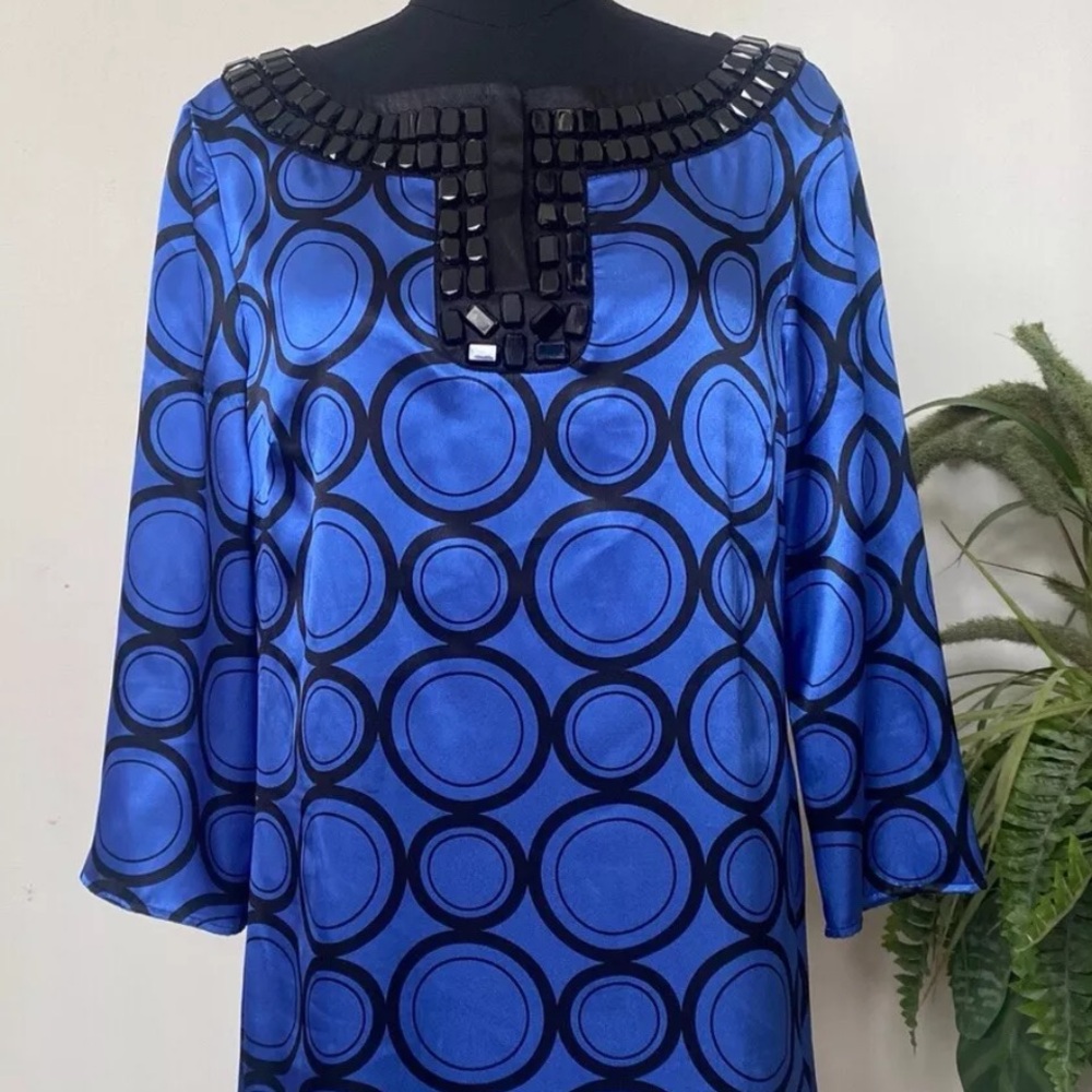 Beautiful Michael Kors Women's Blue Black Satin Beaded Neck Tunic Dress Size 12